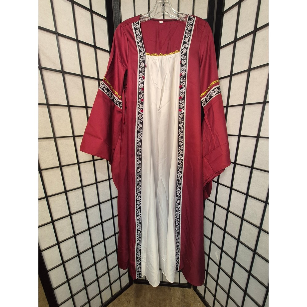 Burgundy Renaissance Medieval Maxi Dress Floral Trim Bell Sleeve Costume XL